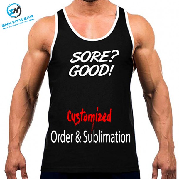 Men's Tank Top Tee White Trim Black Gym bodybuilding training TT005